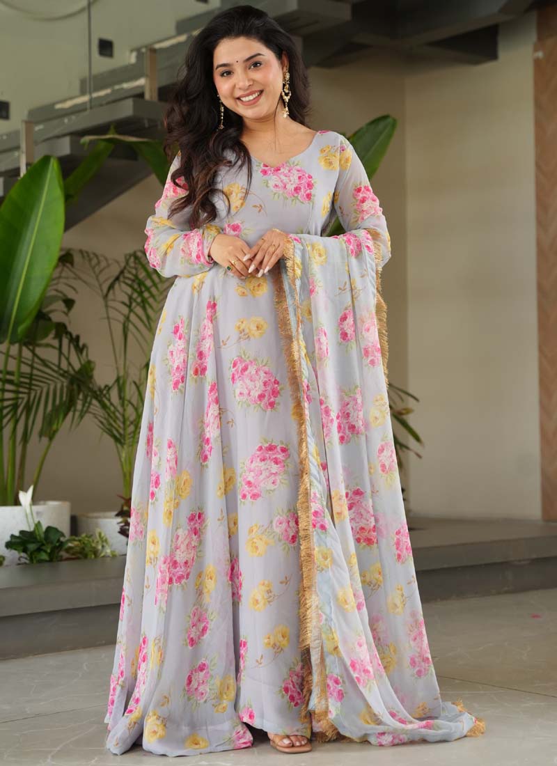 Prazu Fashion Light Grey Georgette Digital Printed Gown With Dupatta | Grocsy