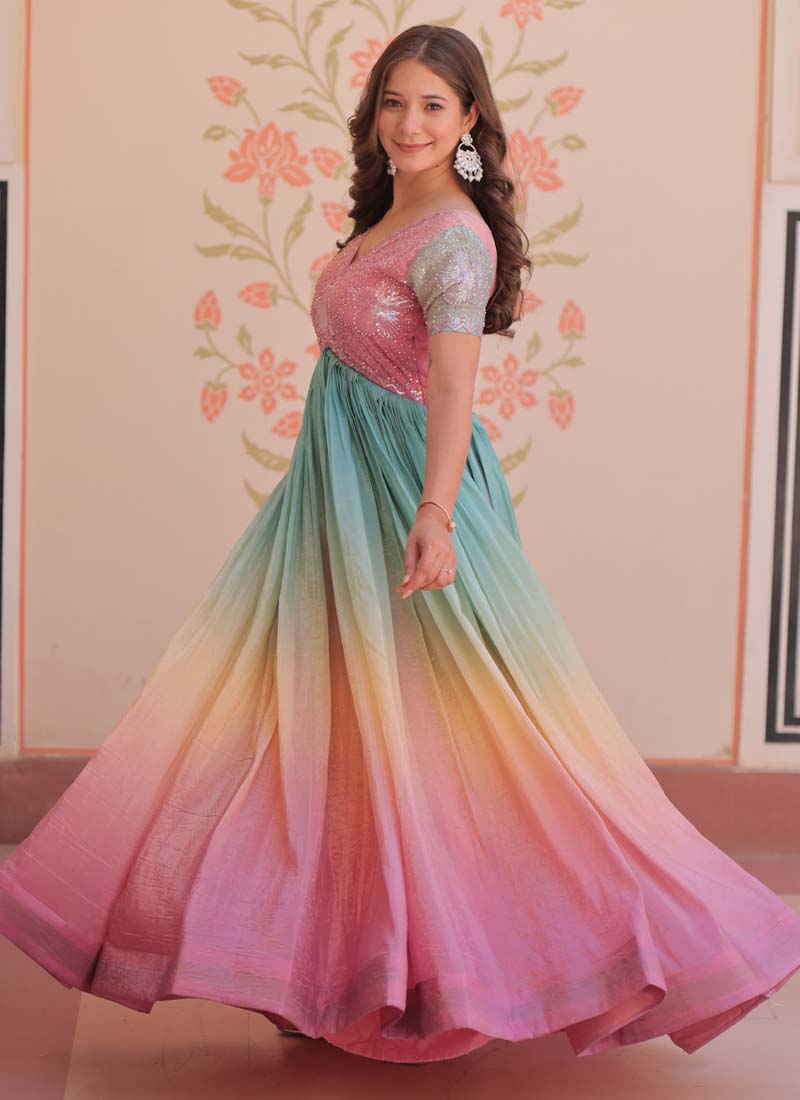 Prazu Fashion Multi Color Georgette Embroidered Gown | Grocsy