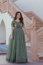 Prazu Fashion Mahendi Silver Crunchy Fabric Embroidered Gown With Koti | Grocsy