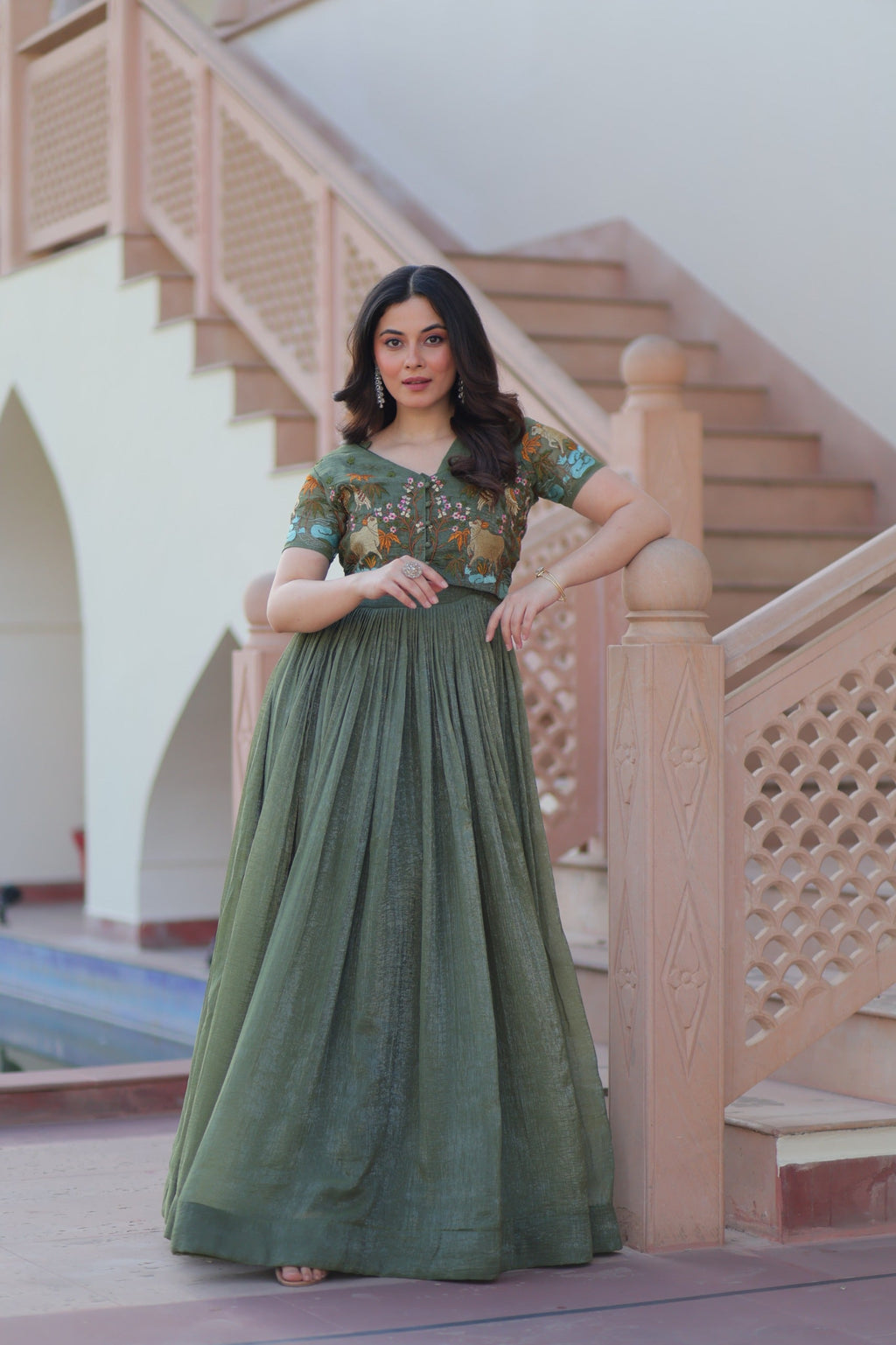 Prazu Fashion Mahendi Silver Crunchy Fabric Embroidered Gown With Koti | Grocsy