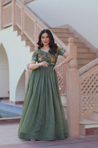 Prazu Fashion Mahendi Silver Crunchy Fabric Embroidered Gown With Koti | Grocsy