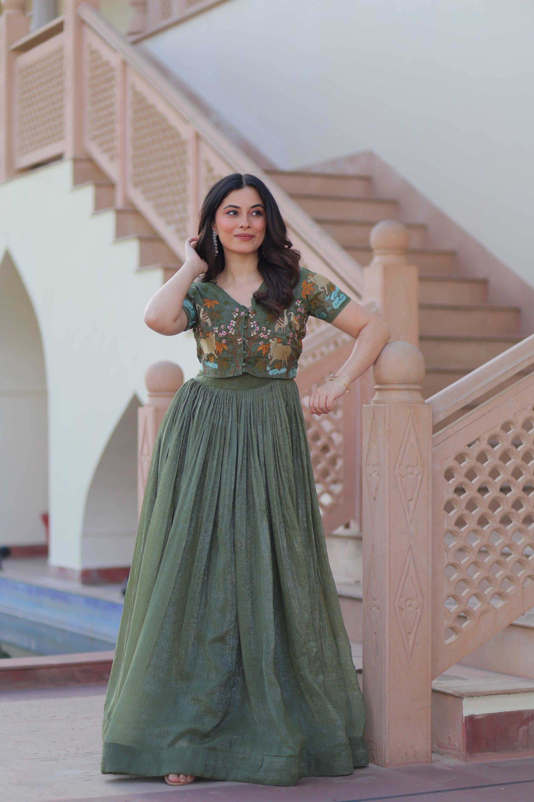 Prazu Fashion Mahendi Silver Crunchy Fabric Embroidered Gown With Koti | Grocsy