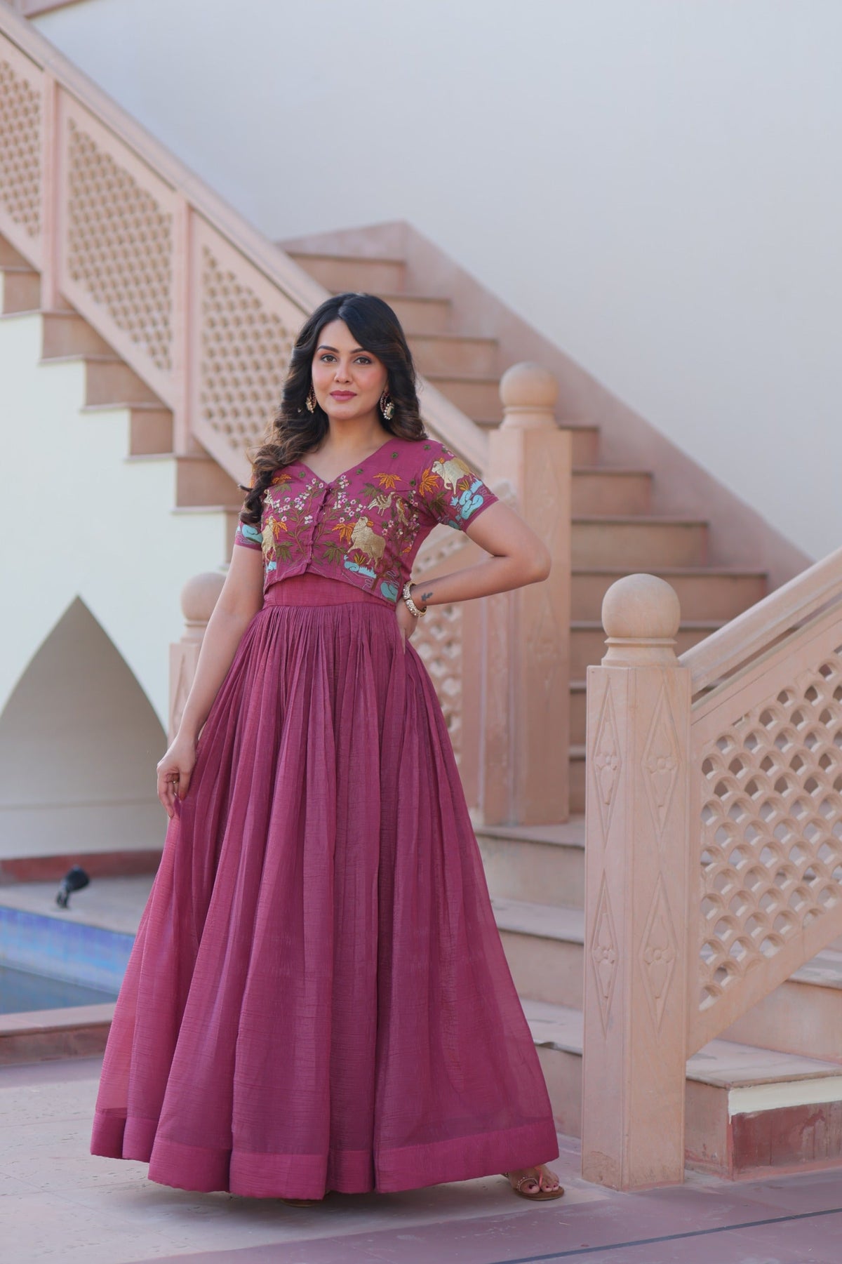 Prazu Fashion Onion Pink Silver Crunchy Fabric Embroidered Gown With Koti | Grocsy