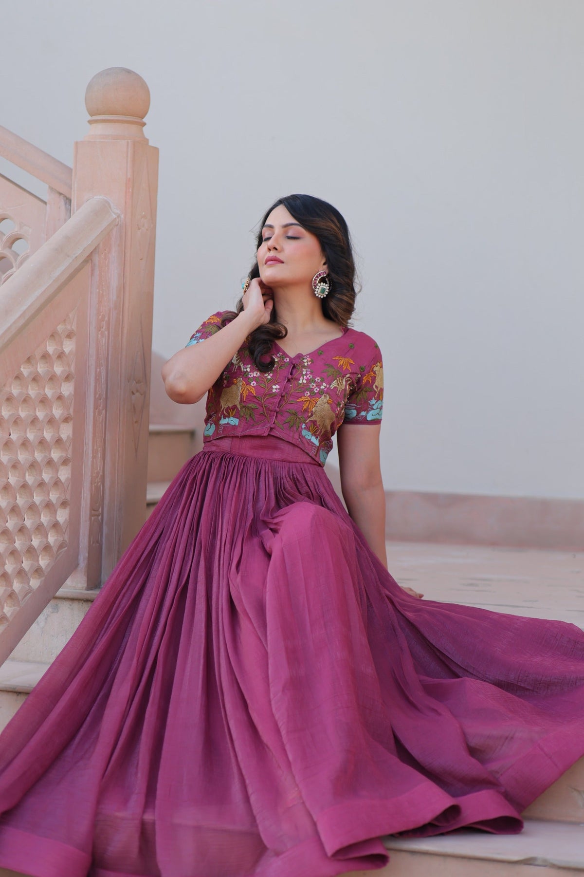 Prazu Fashion Onion Pink Silver Crunchy Fabric Embroidered Gown With Koti | Grocsy