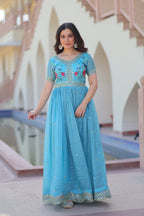 Prazu Fashion Sky Blue Gold Crush With Multi Thread Embroidery Gown | Grocsy