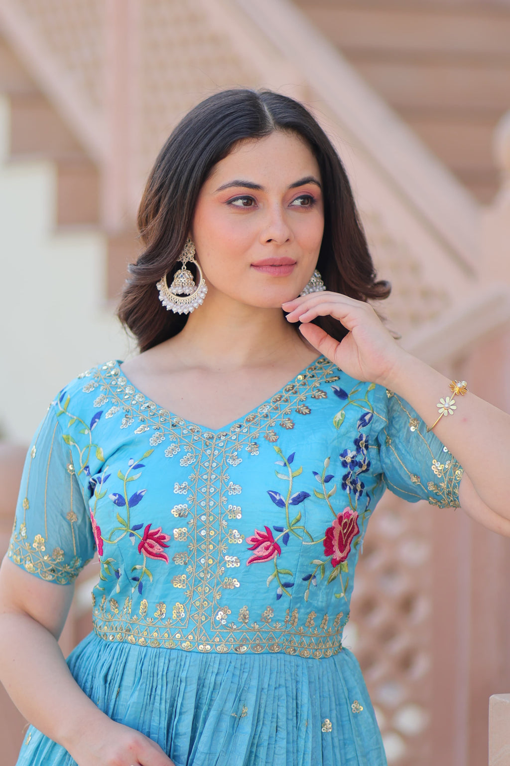 Prazu Fashion Sky Blue Gold Crush With Multi Thread Embroidery Gown | Grocsy