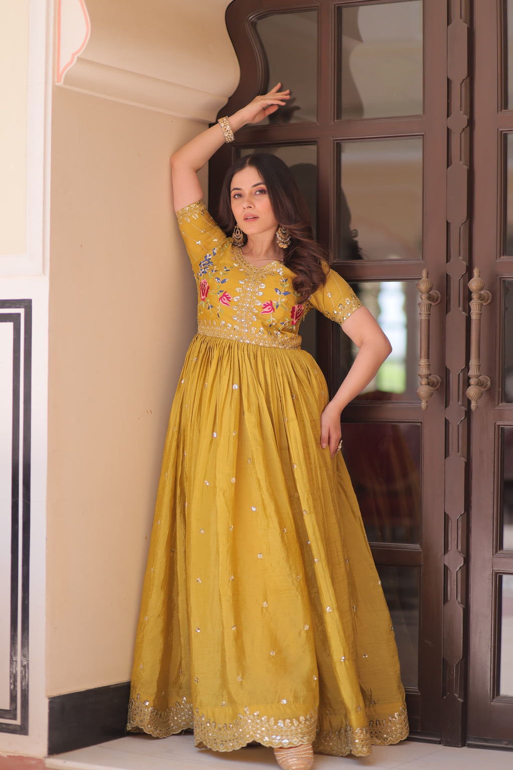 Prazu Fashion Yellow Gold Crush With Multi Thread Embroidery Gown | Grocsy