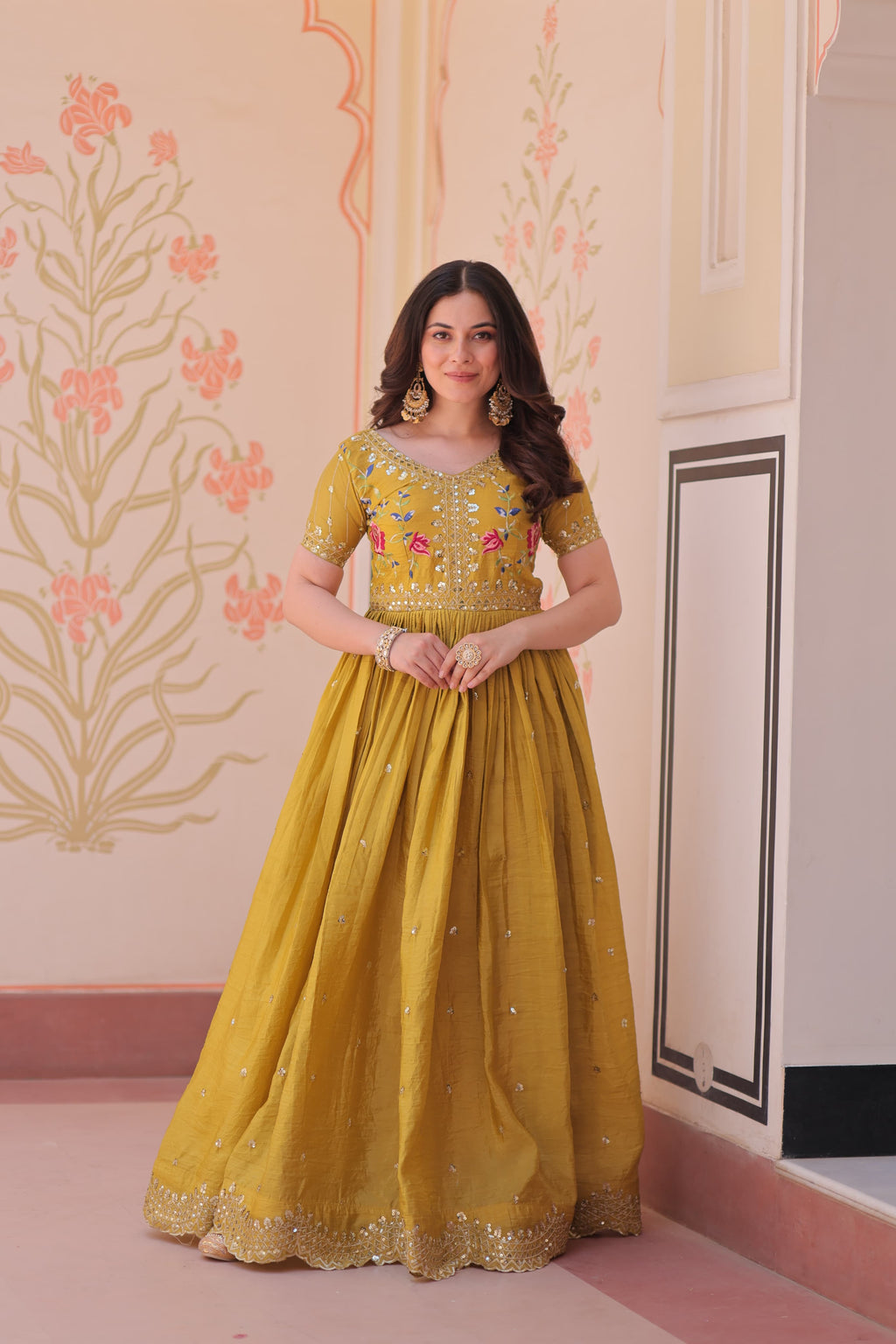 Prazu Fashion Yellow Gold Crush With Multi Thread Embroidery Gown | Grocsy