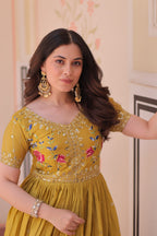 Prazu Fashion Yellow Gold Crush With Multi Thread Embroidery Gown | Grocsy