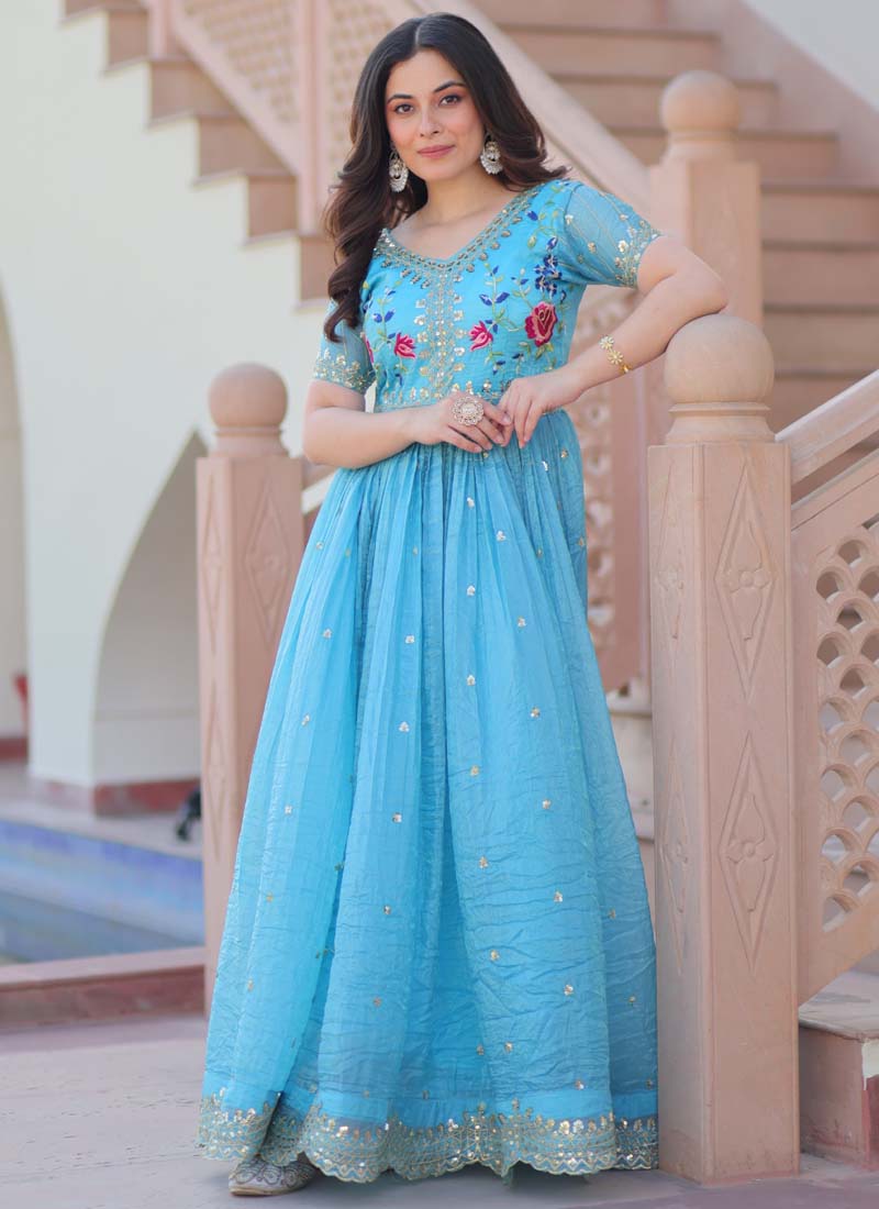 Prazu Fashion Sky Blue Silk Embroidered Designer Gown | Grocsy