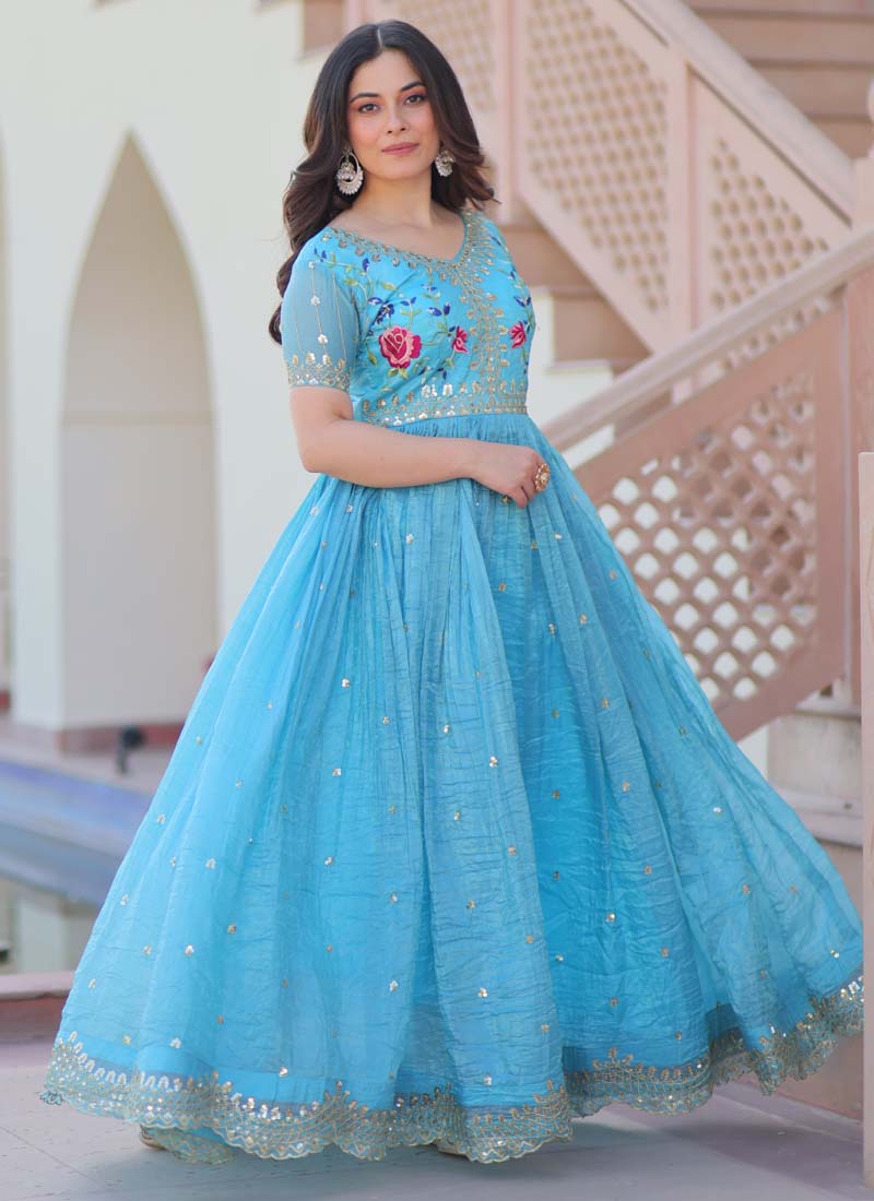 Prazu Fashion Sky Blue Silk Embroidered Designer Gown | Grocsy