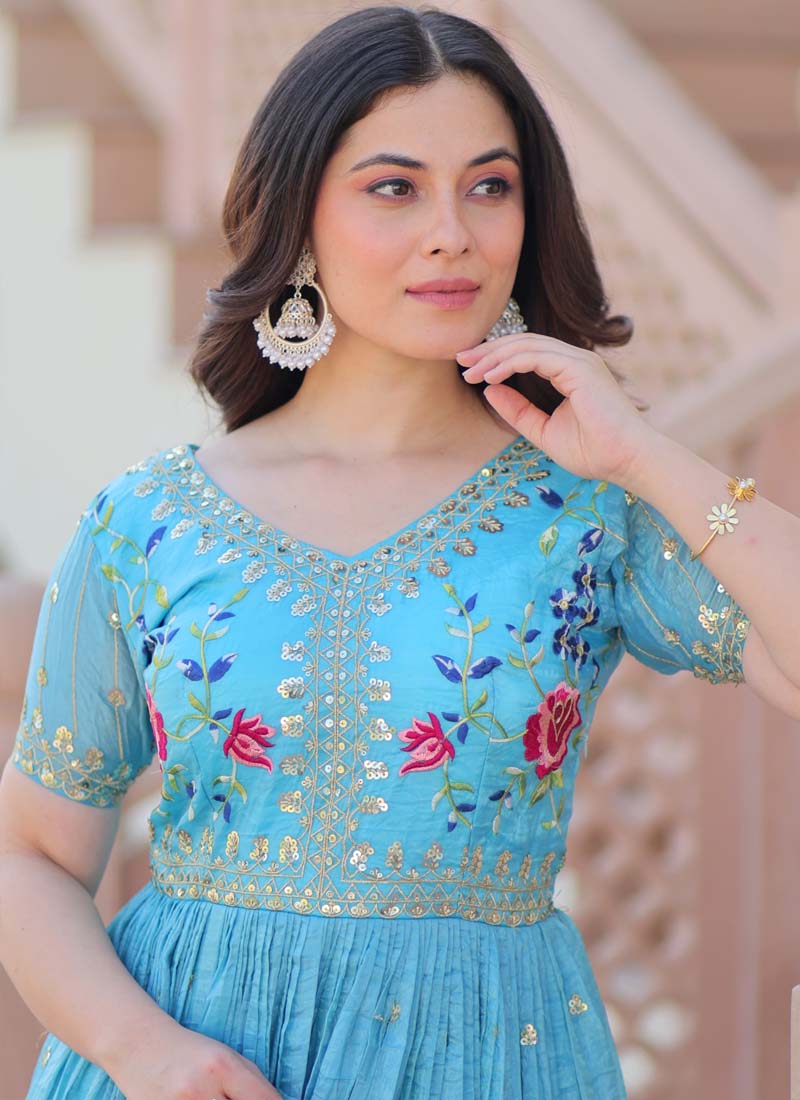 Prazu Fashion Sky Blue Silk Embroidered Designer Gown | Grocsy