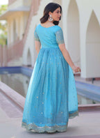 Prazu Fashion Sky Blue Silk Embroidered Designer Gown | Grocsy