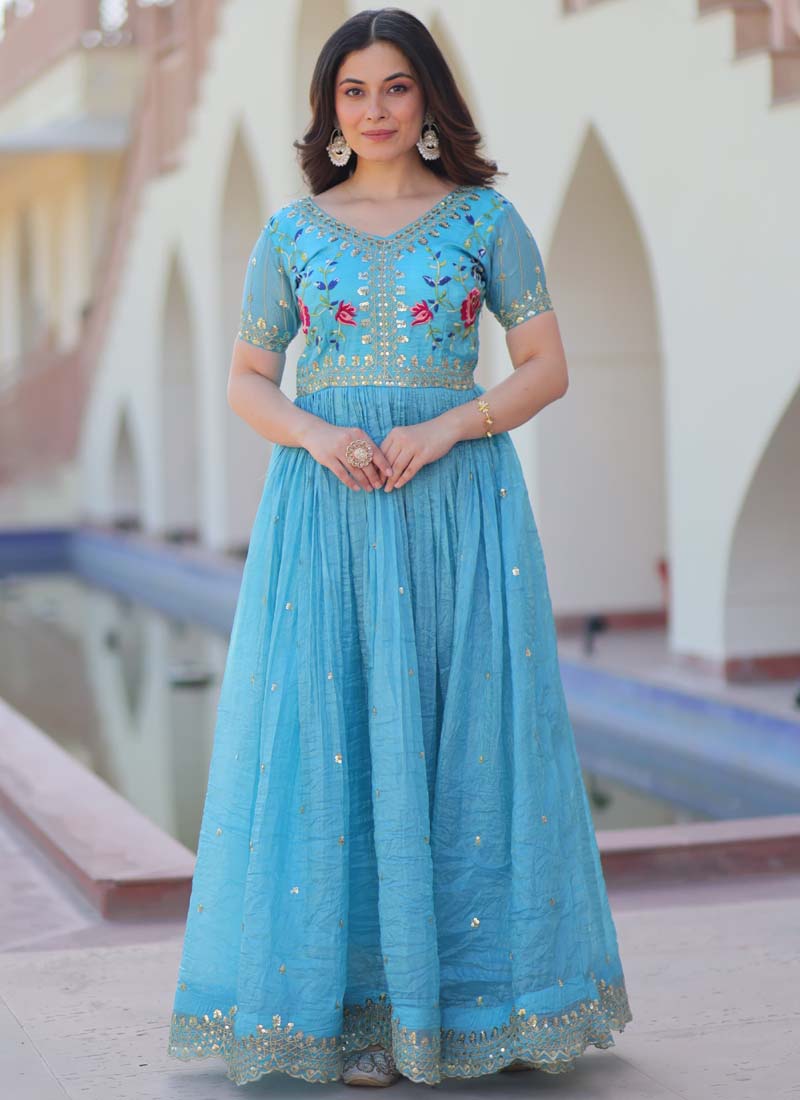 Prazu Fashion Sky Blue Silk Embroidered Designer Gown | Grocsy