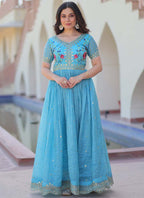 Prazu Fashion Sky Blue Silk Embroidered Designer Gown | Grocsy