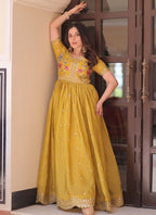 Prazu Fashion Yellow Silk Embroidered Designer Gown | Grocsy