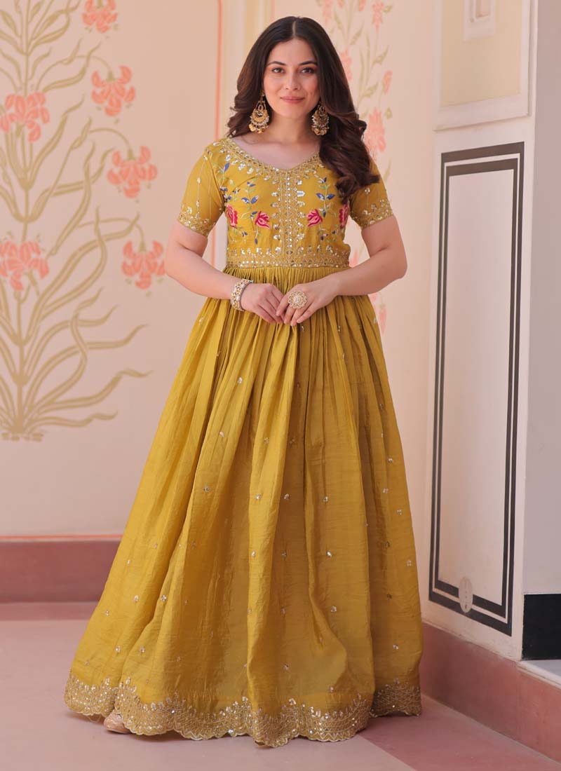 Prazu Fashion Yellow Silk Embroidered Designer Gown | Grocsy
