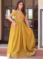 Prazu Fashion Yellow Silk Embroidered Designer Gown | Grocsy