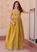 Prazu Fashion Yellow Silk Embroidered Designer Gown | Grocsy