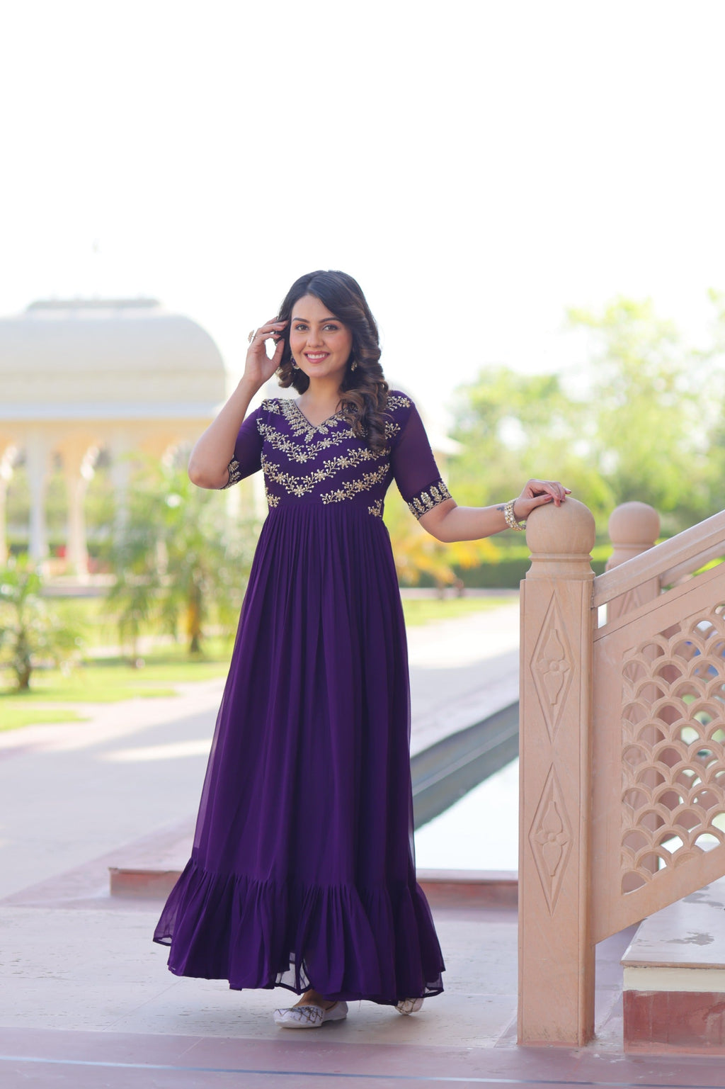 Prazu Fashion Purple Georgette Multithreaded Beads Embroidered Gown | Grocsy
