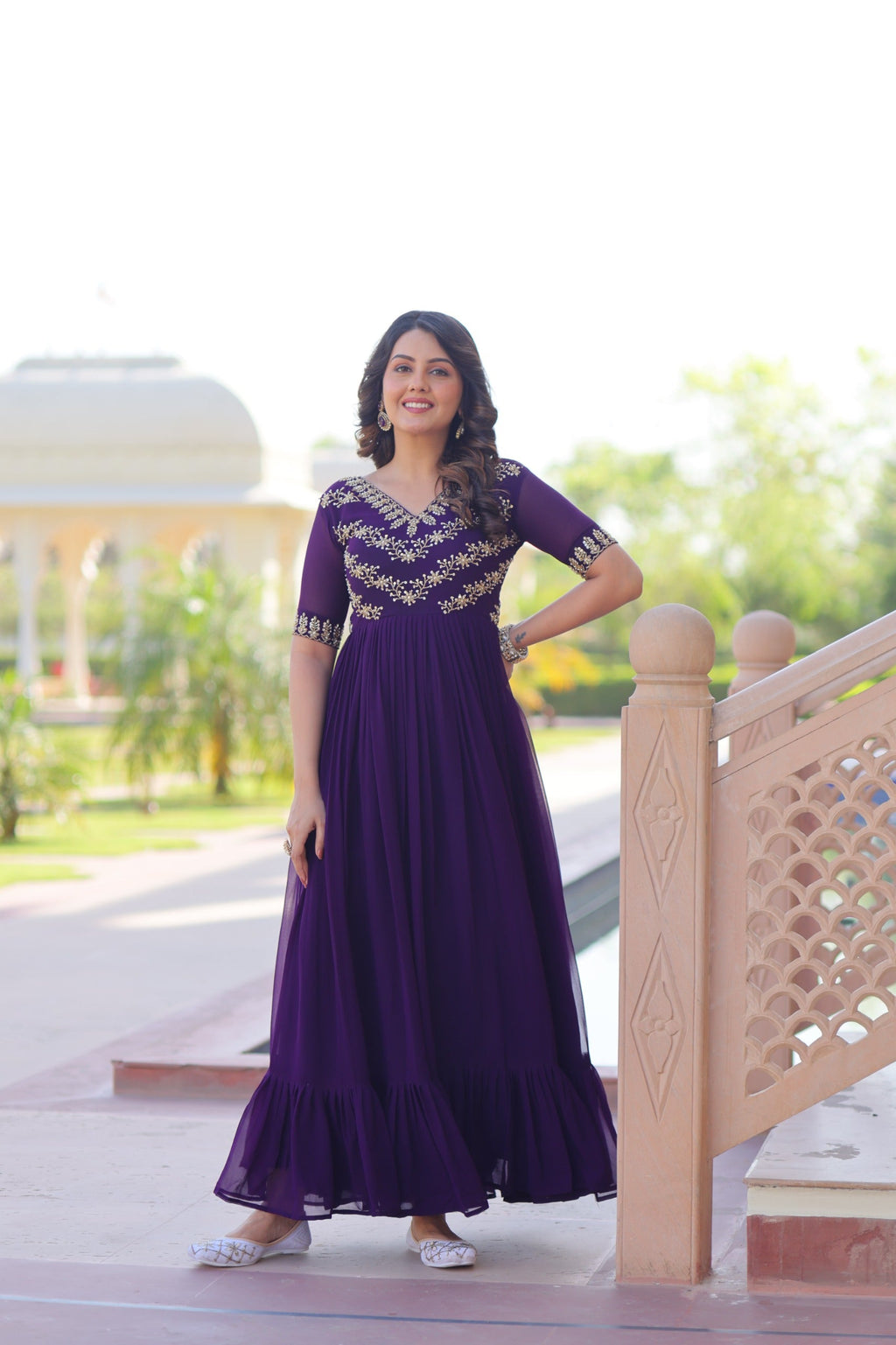 Prazu Fashion Purple Georgette Multithreaded Beads Embroidered Gown | Grocsy