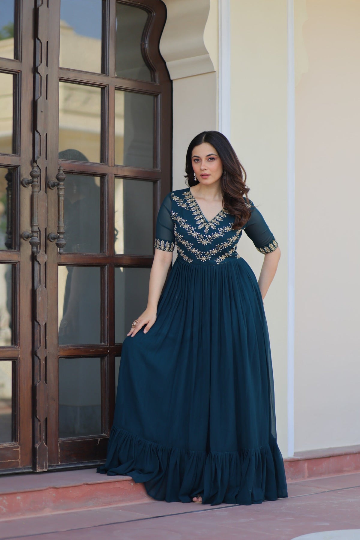Prazu Fashion Rama Georgette Multithreaded Beads Embroidered Gown | Grocsy