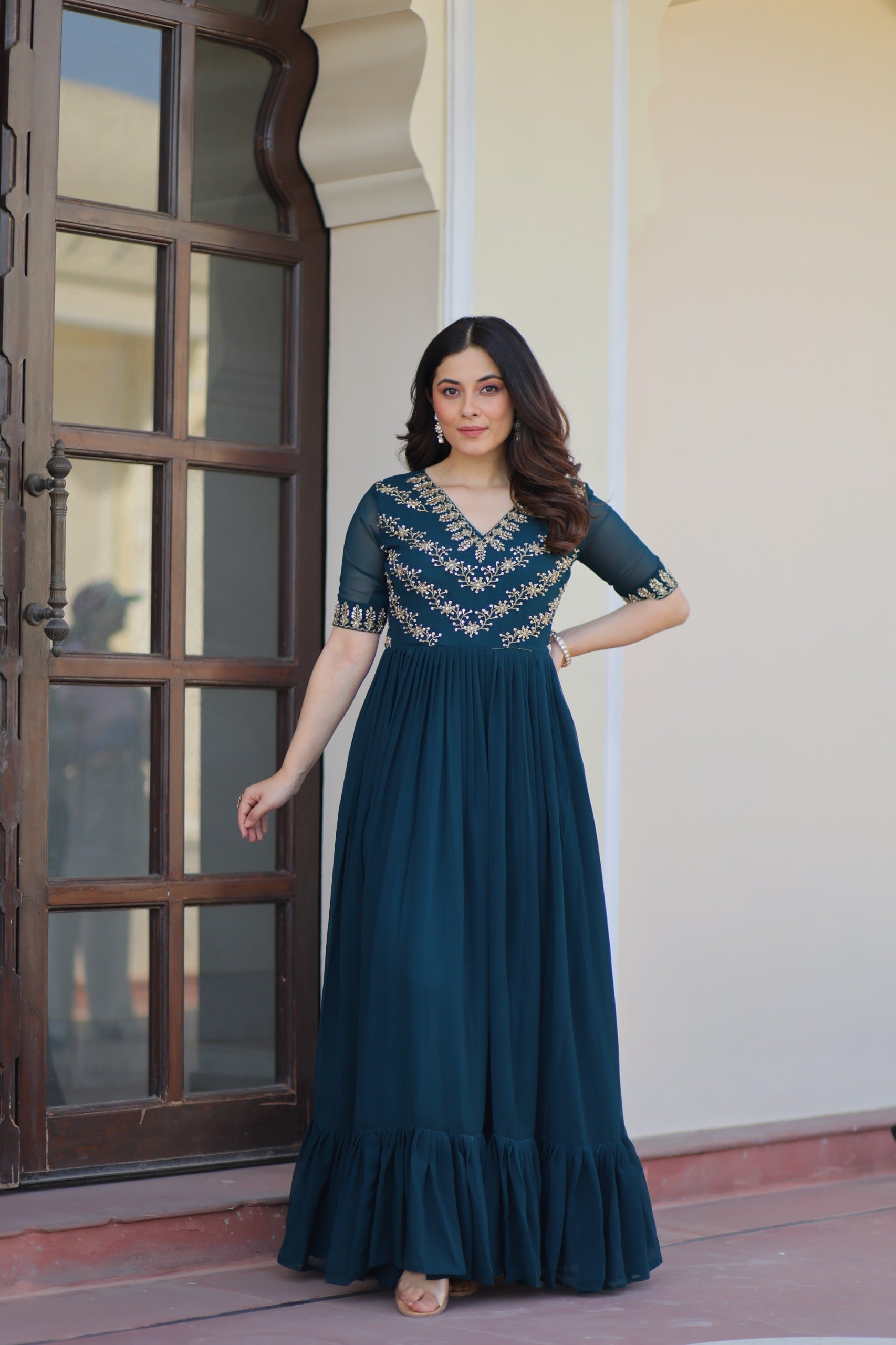 Prazu Fashion Rama Georgette Multithreaded Beads Embroidered Gown | Grocsy