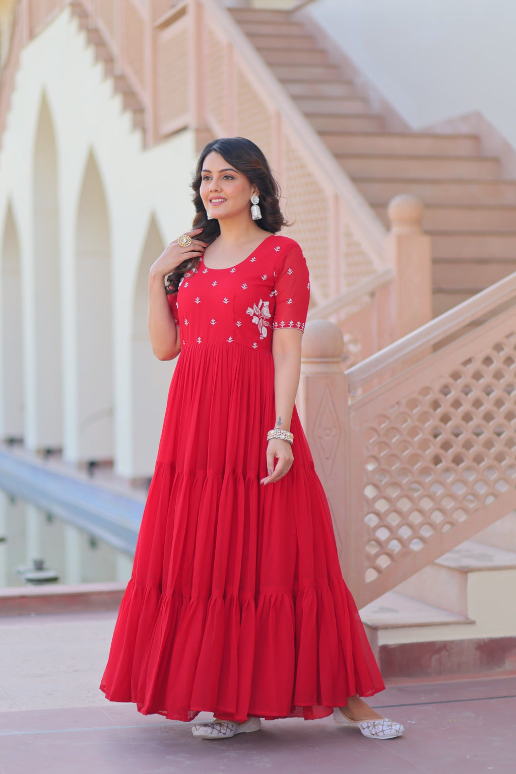Prazu Fashion Red Georgette Beads Embroidered Designer Gown | Grocsy