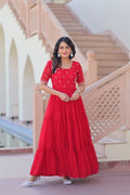 Prazu Fashion Red Georgette Beads Embroidered Designer Gown | Grocsy