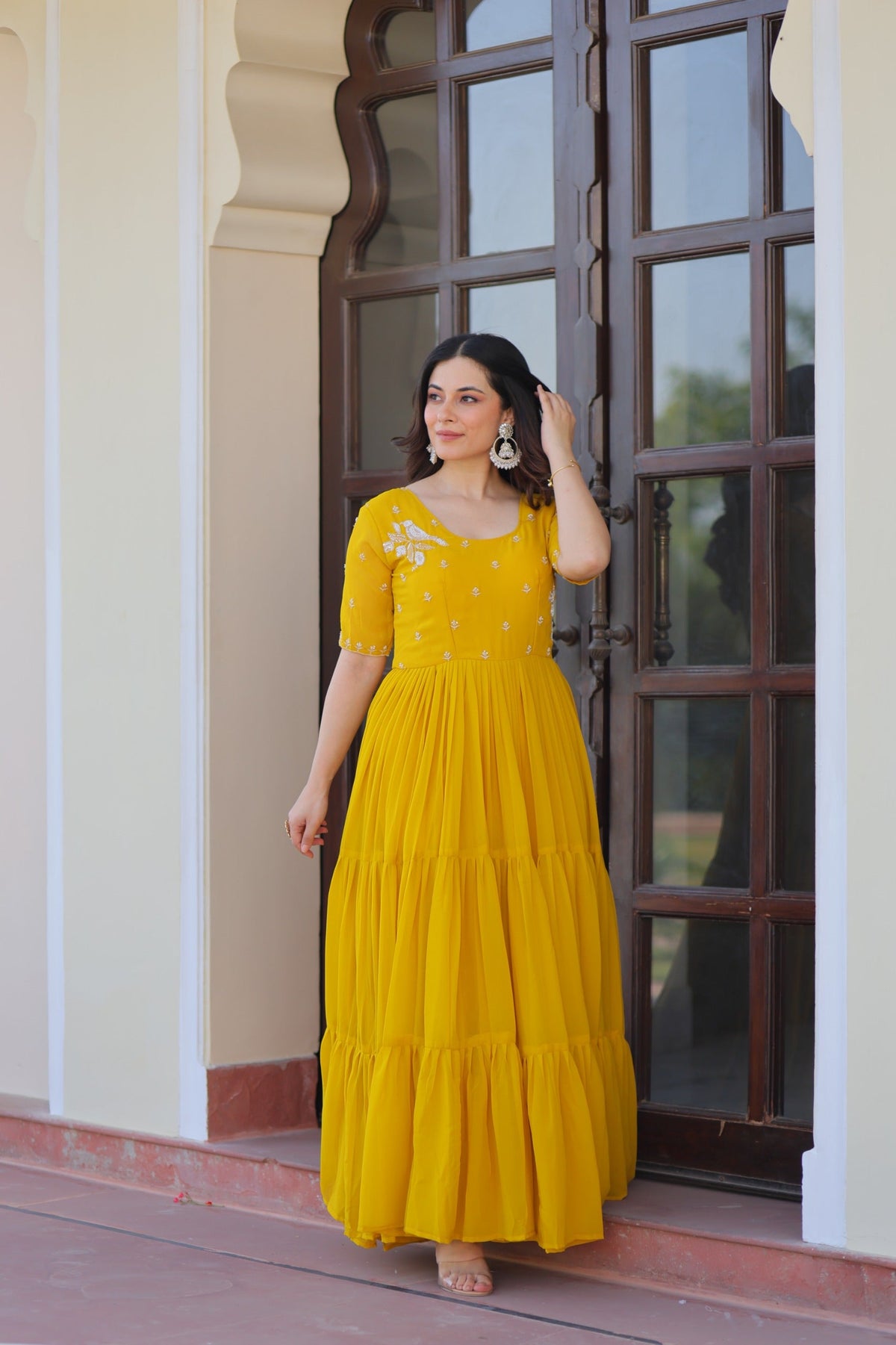 Prazu Fashion Yellow Georgette Beads Embroidered Designer Gown | Grocsy