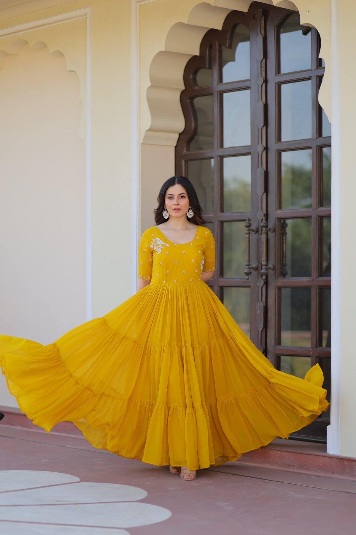 Prazu Fashion Yellow Georgette Beads Embroidered Designer Gown | Grocsy