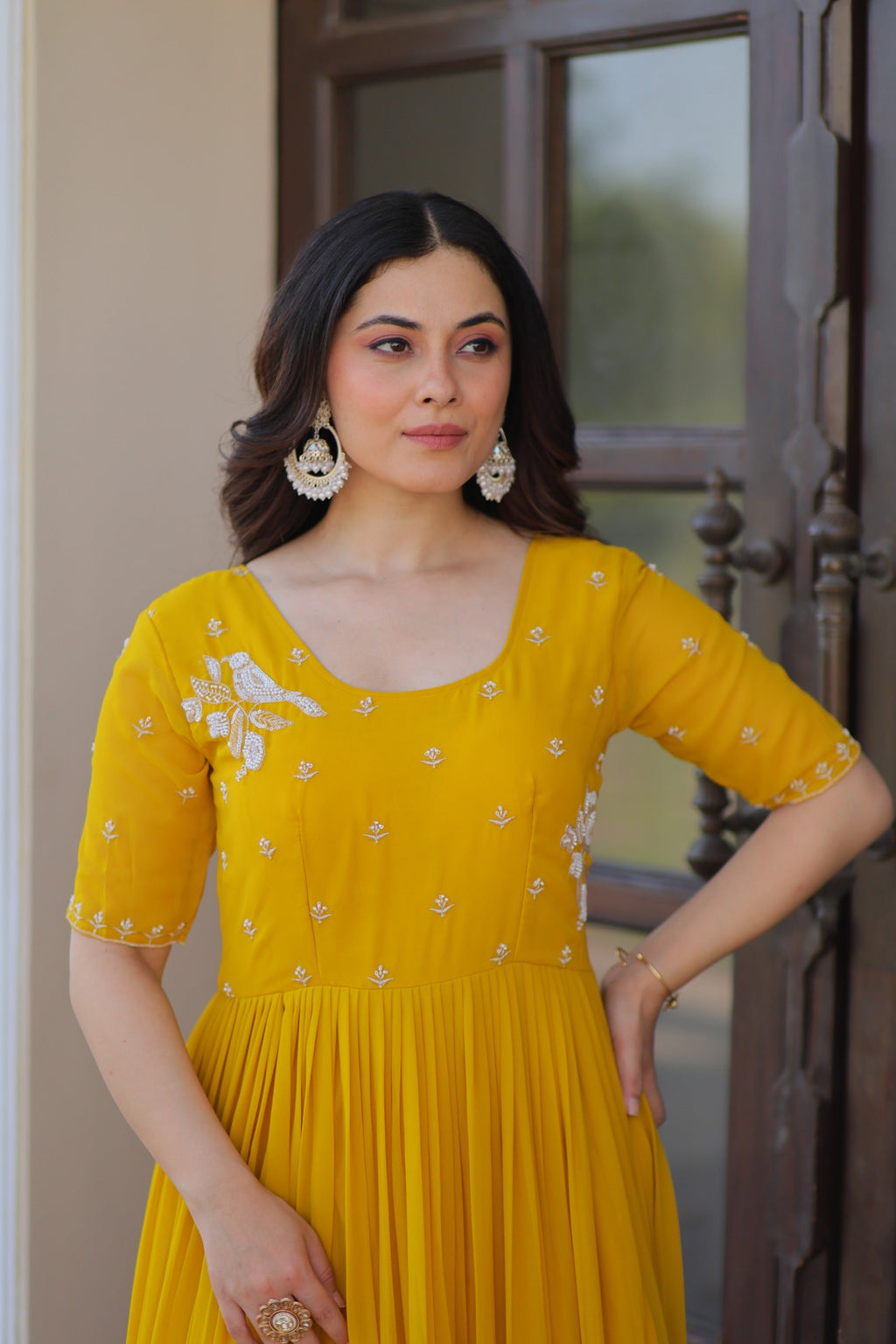 Prazu Fashion Yellow Georgette Beads Embroidered Designer Gown | Grocsy