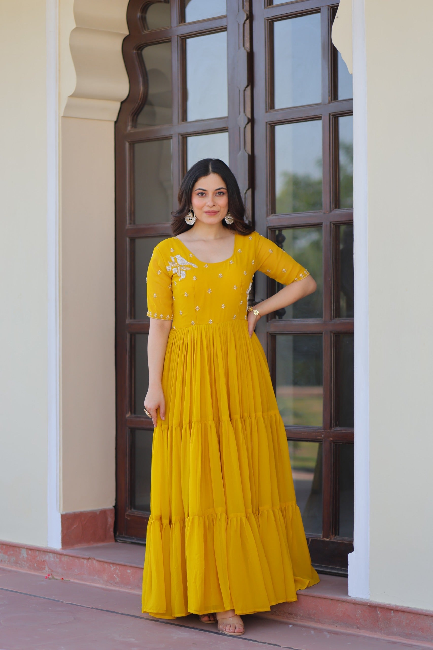 Prazu Fashion Yellow Georgette Beads Embroidered Designer Gown | Grocsy