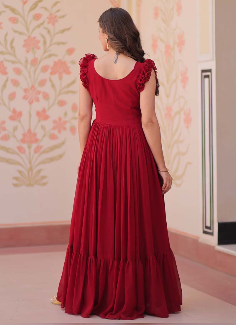 Prazu Fashion Maroon Georgette Embroidered Designer Gown | Grocsy