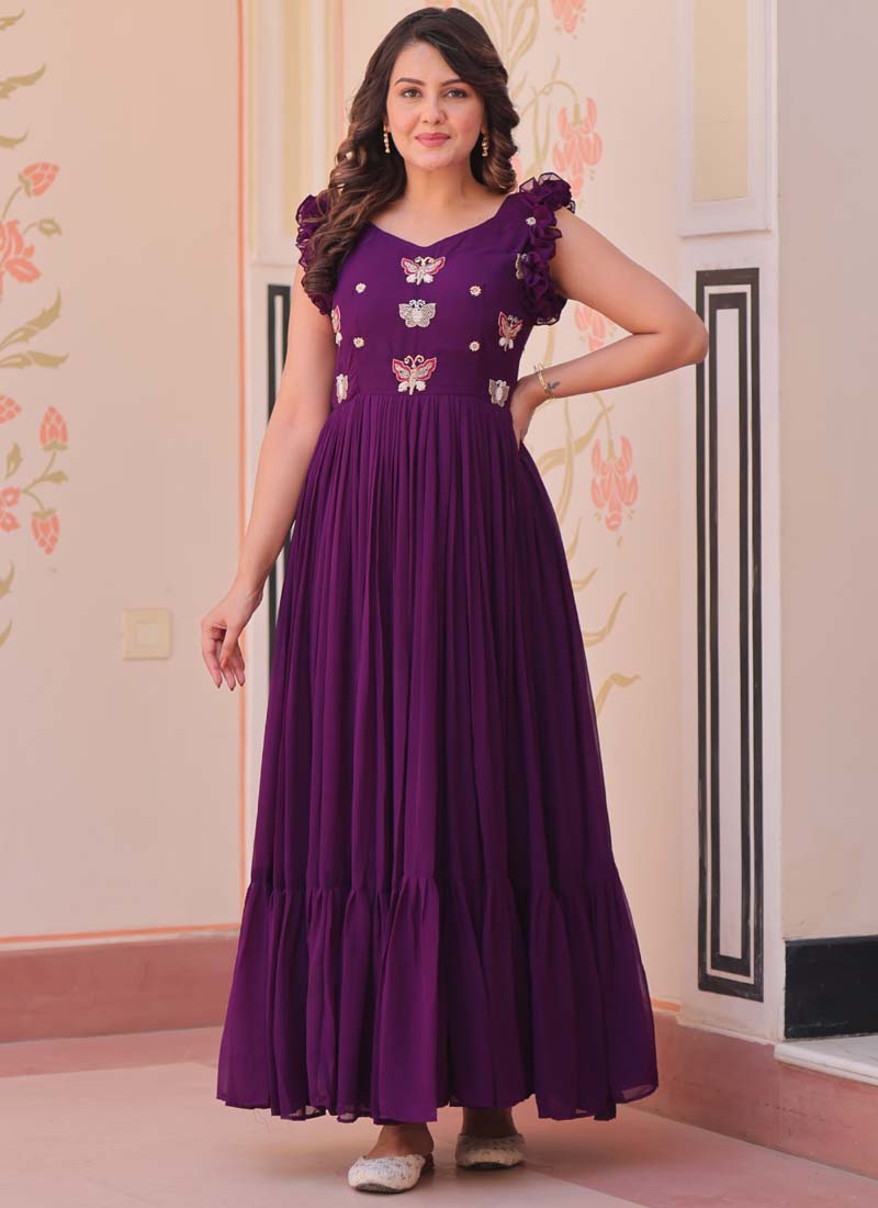 Prazu Fashion Purple Georgette Embroidered Designer Gown | Grocsy