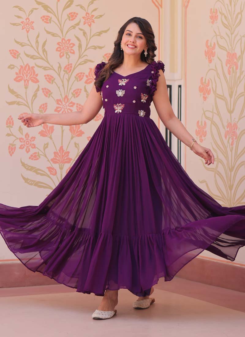 Prazu Fashion Purple Georgette Embroidered Designer Gown | Grocsy