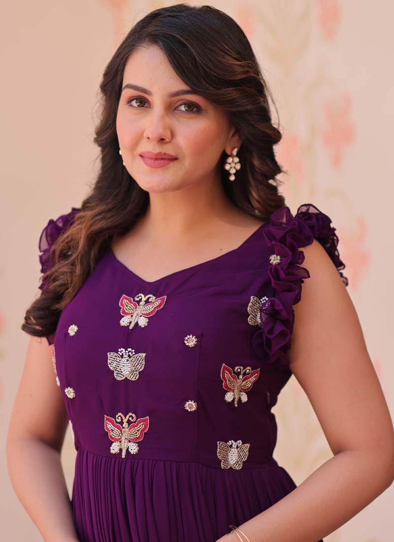 Prazu Fashion Purple Georgette Embroidered Designer Gown | Grocsy