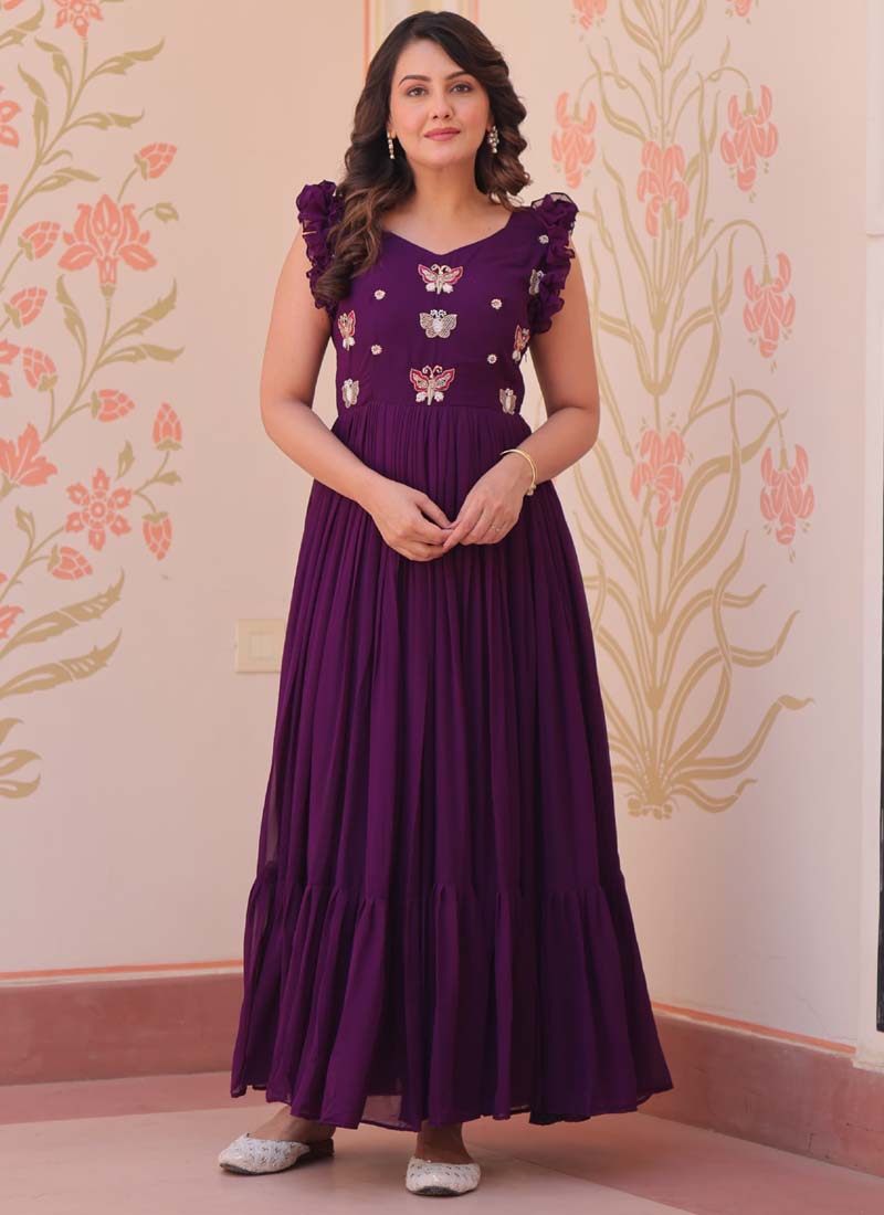 Prazu Fashion Purple Georgette Embroidered Designer Gown | Grocsy