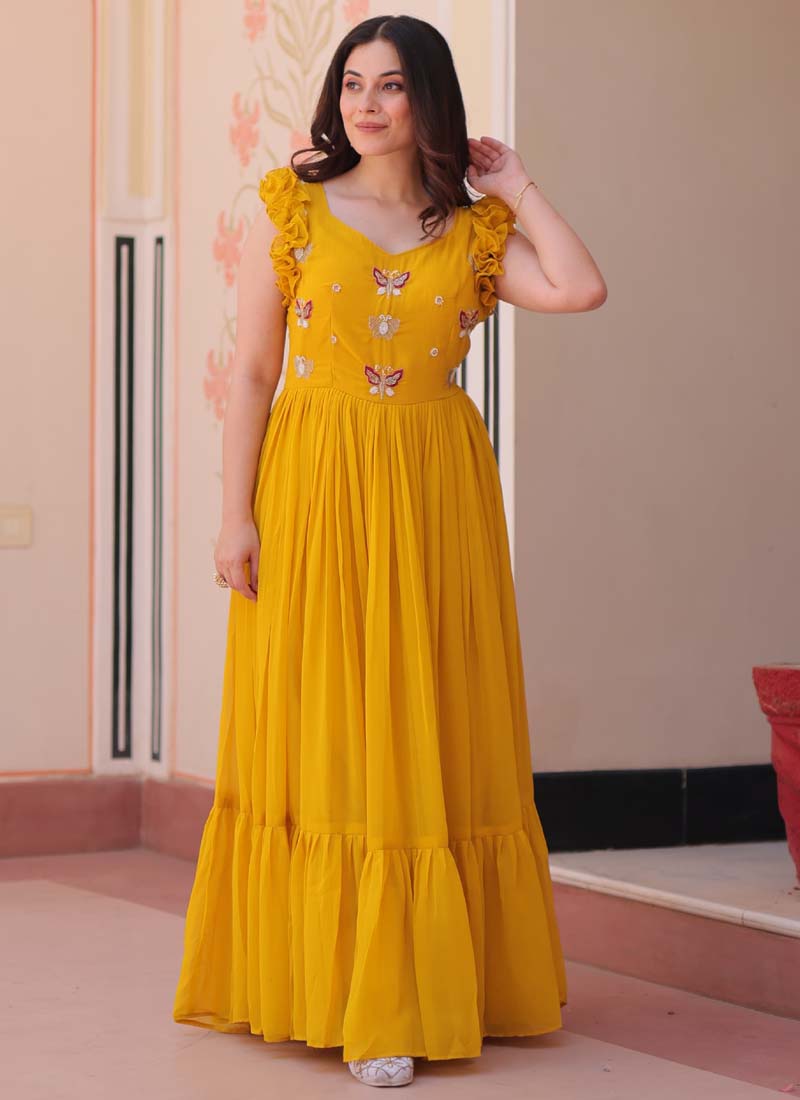 Prazu Fashion Yellow Georgette Embroidered Designer Gown | Grocsy