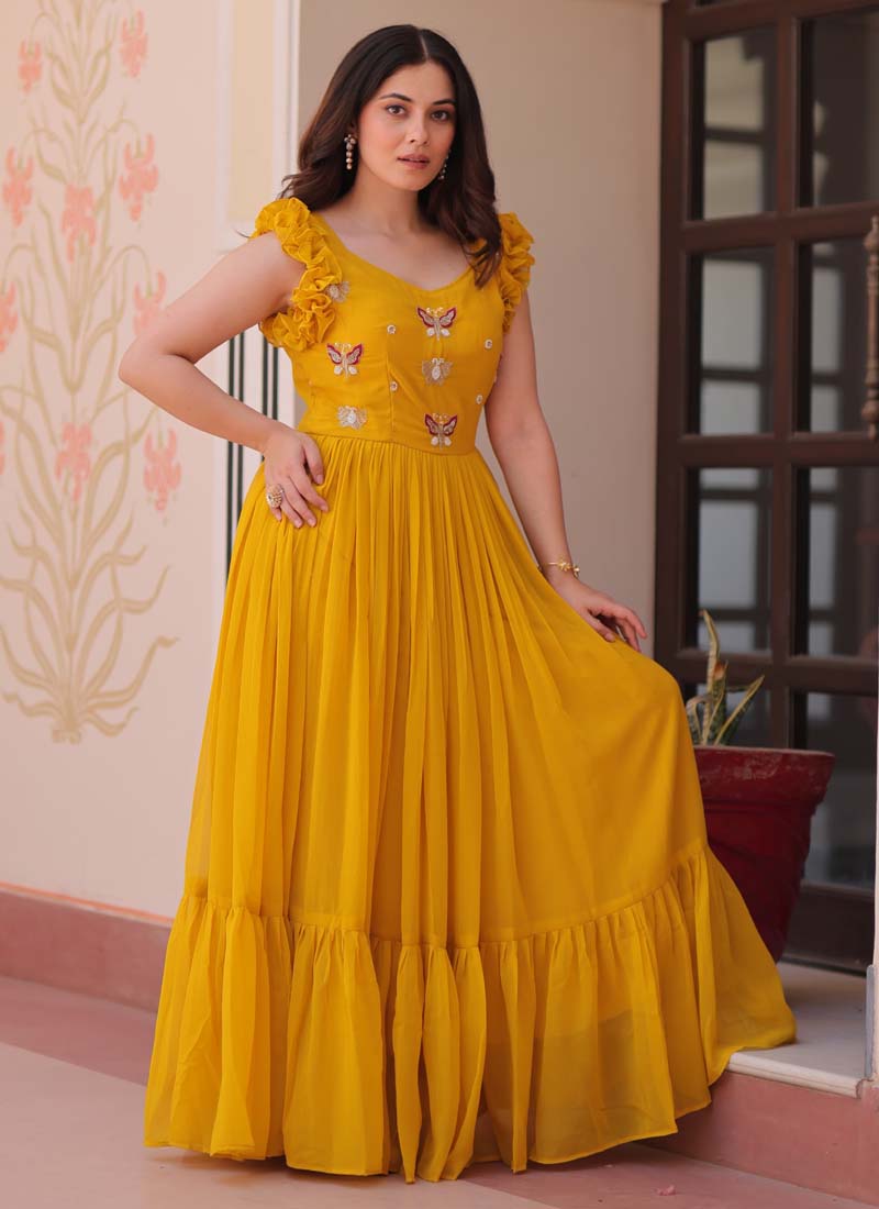 Prazu Fashion Yellow Georgette Embroidered Designer Gown | Grocsy