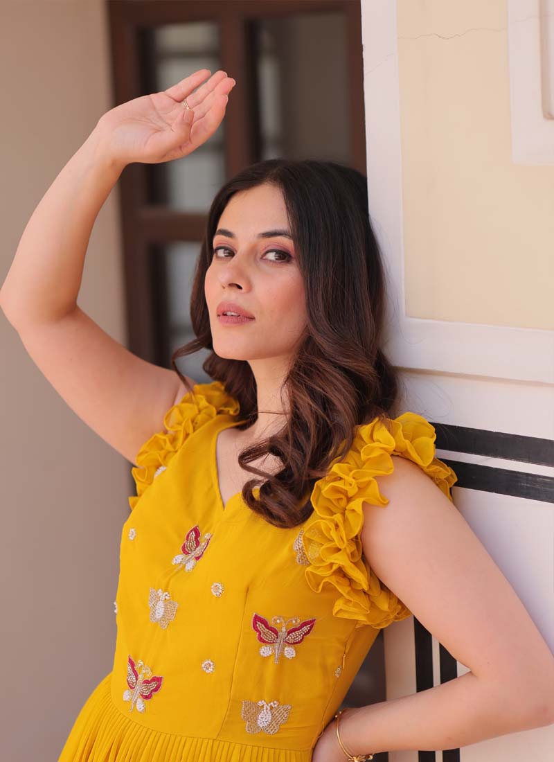 Prazu Fashion Yellow Georgette Embroidered Designer Gown | Grocsy