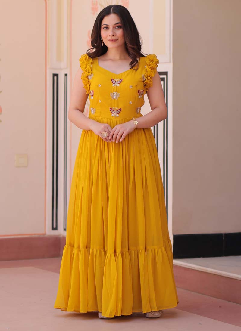 Prazu Fashion Yellow Georgette Embroidered Designer Gown | Grocsy