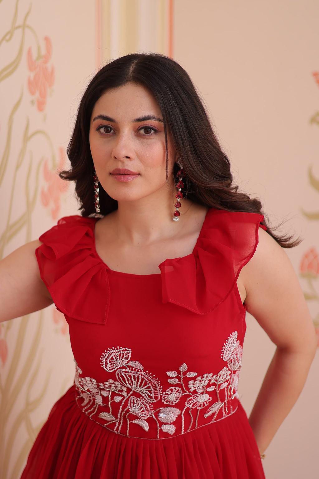 Prazu Fashion Red Georgette Embroidered Designer Gown | Grocsy