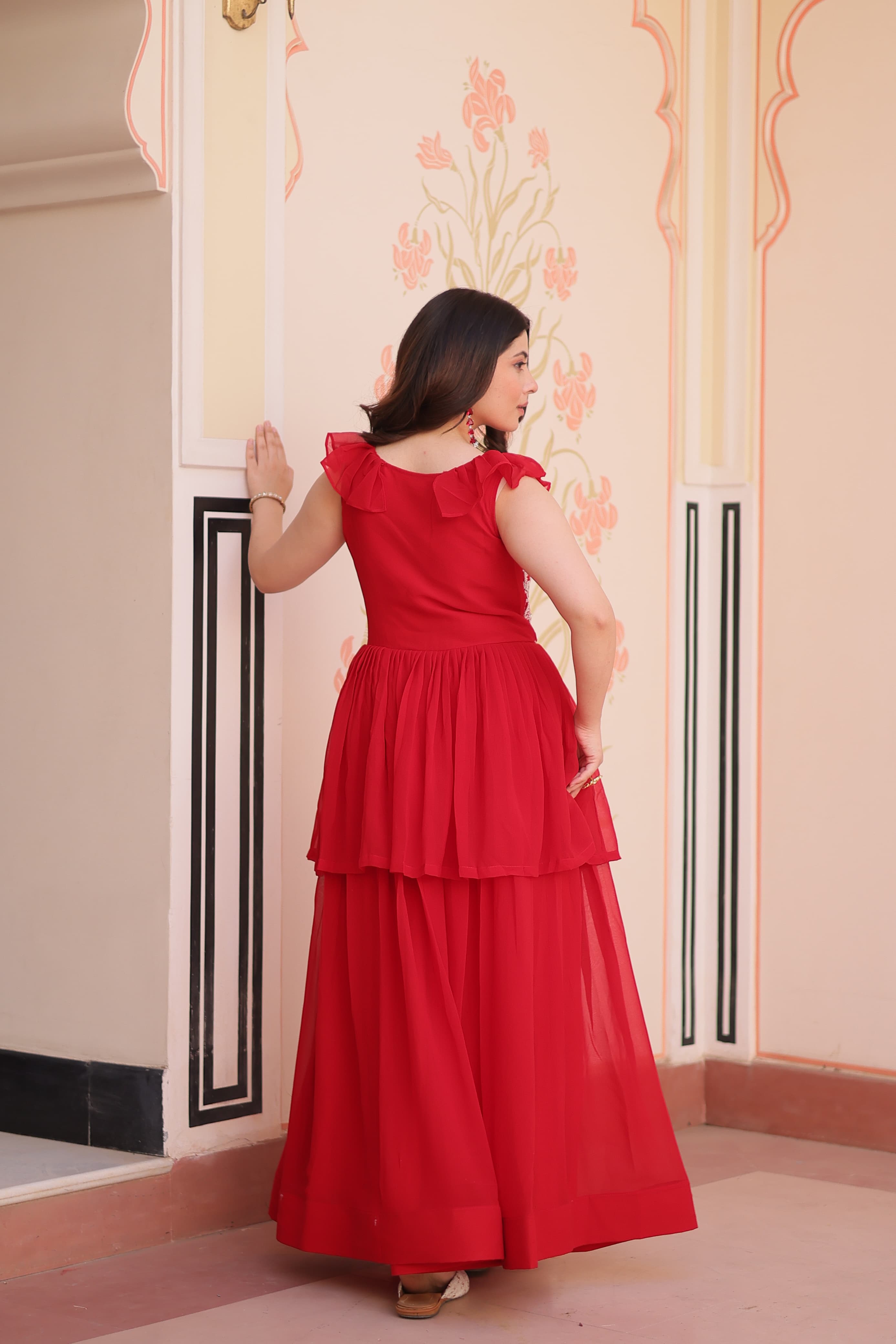 Prazu Fashion Red Georgette Embroidered Designer Gown | Grocsy