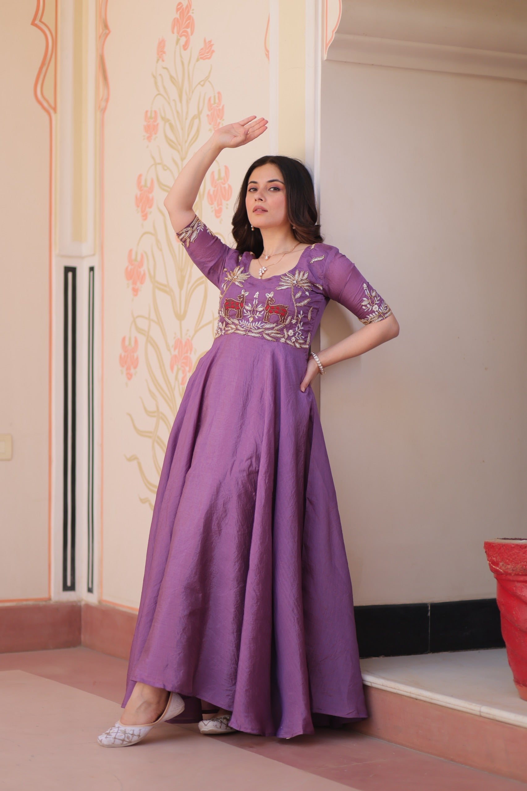 Prazu Fashion Lavender Gold Crush With Beads Embroidered Work Gown | Grocsy