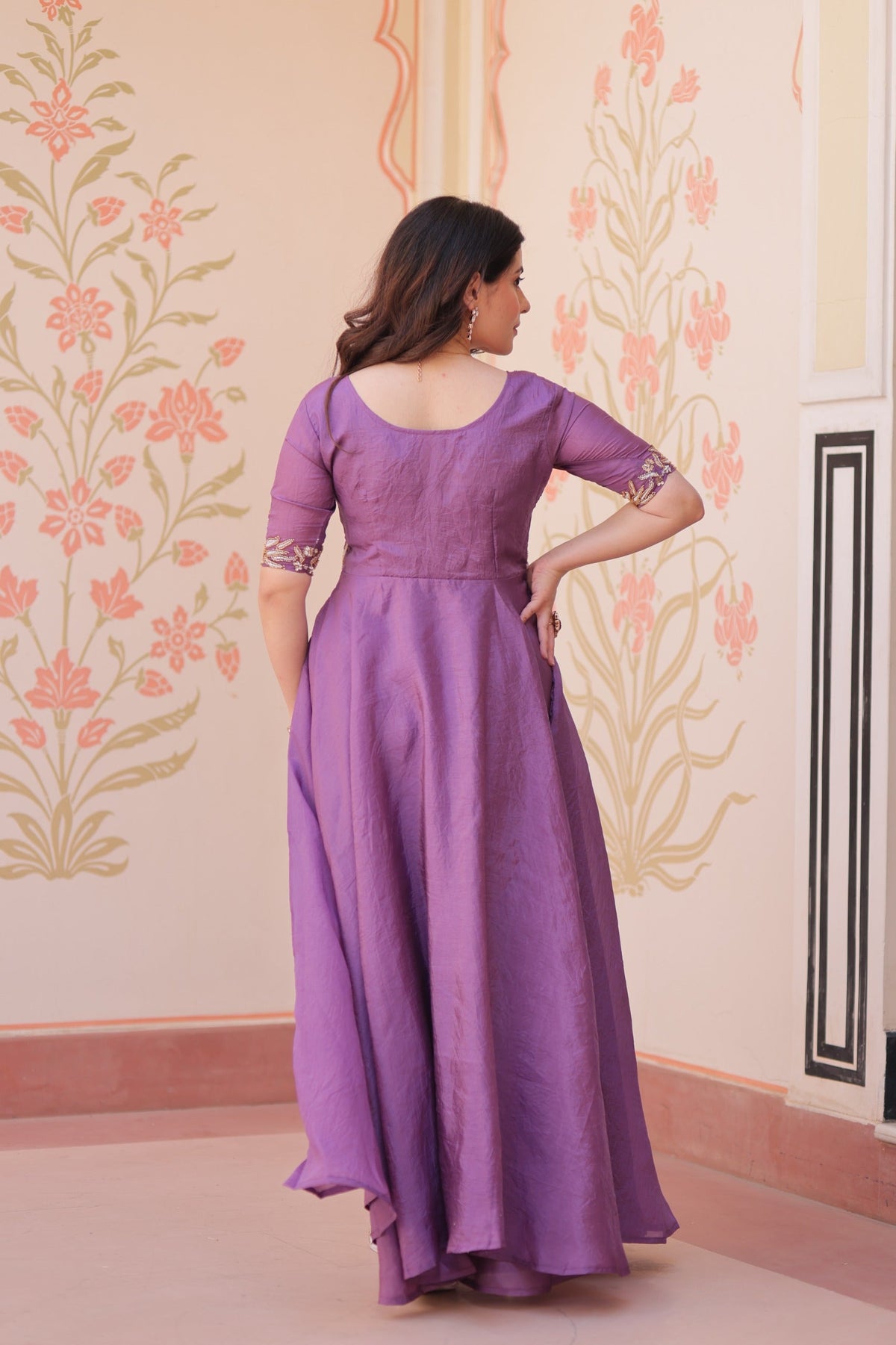 Prazu Fashion Lavender Gold Crush With Beads Embroidered Work Gown | Grocsy
