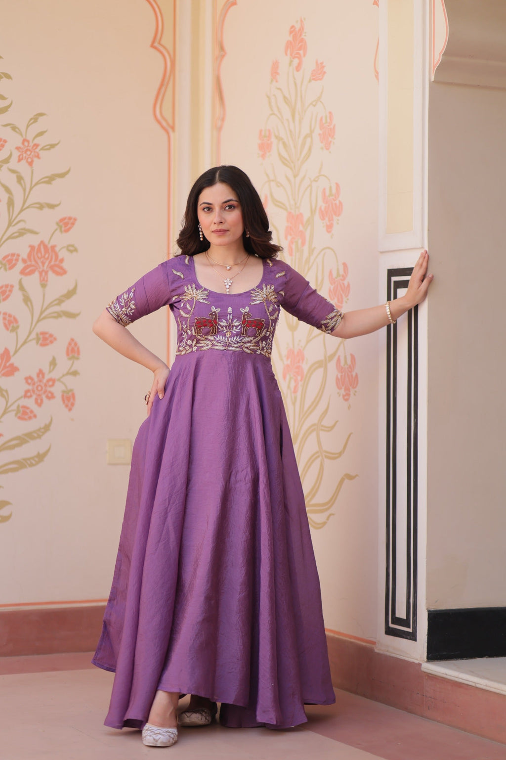 Prazu Fashion Lavender Gold Crush With Beads Embroidered Work Gown | Grocsy