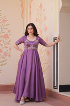 Prazu Fashion Lavender Gold Crush With Beads Embroidered Work Gown | Grocsy