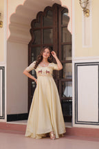 Prazu Fashion Off White Gold Crush With Beads Embroidered Work Gown | Grocsy