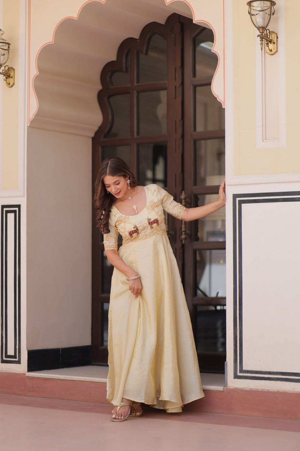 Prazu Fashion Off White Gold Crush With Beads Embroidered Work Gown | Grocsy
